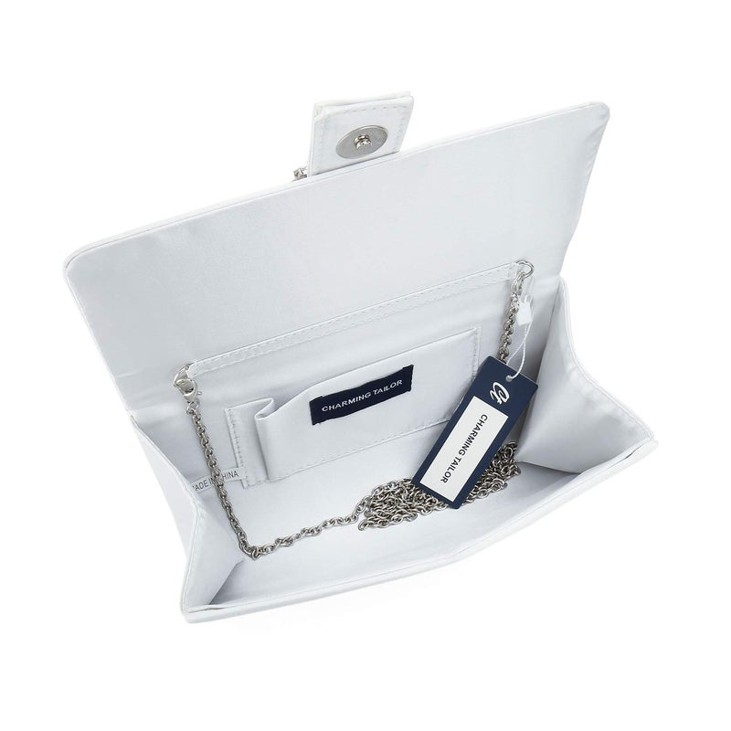 CHARMING TAILOR Evening Bag Diamantes Embellished Satin Clutch Purse for Woman Classy Party Handbag with Beaded Brooch (White) - Image 4